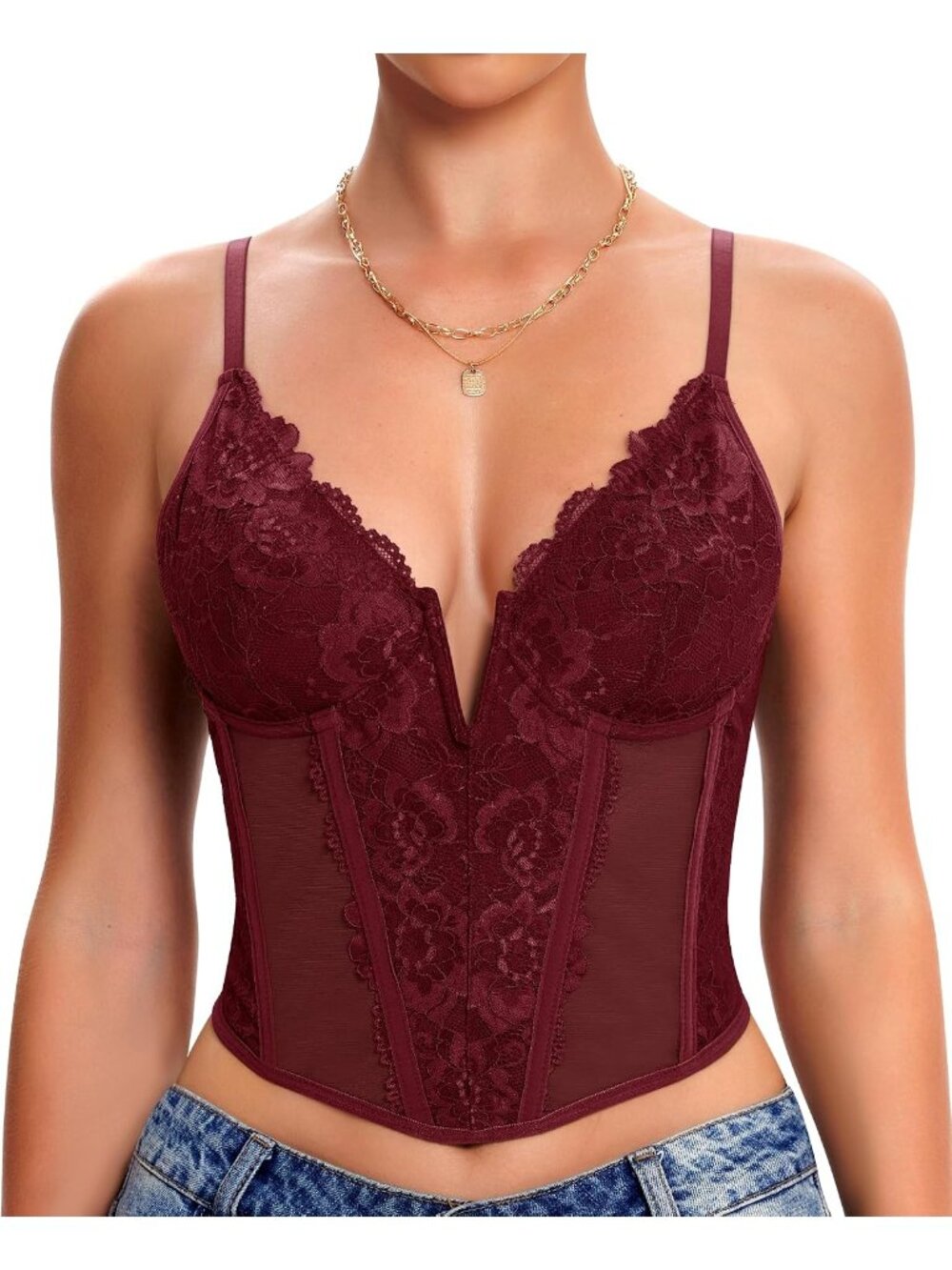 Women's Burgundy V-neck Boned Bodice 3-row Back Hook Underwire Lace Corset Top